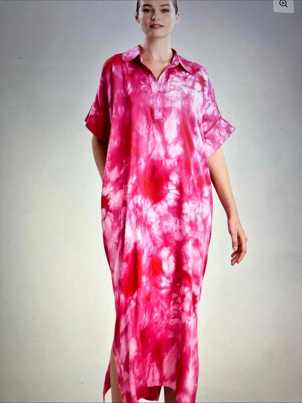 Natori in sunset coral Tie-Dye print silky Kaftan